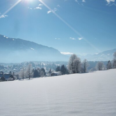 The winter landscape surrounding the Farm House, featuring snow-covered fields, distant mountains, and a village.