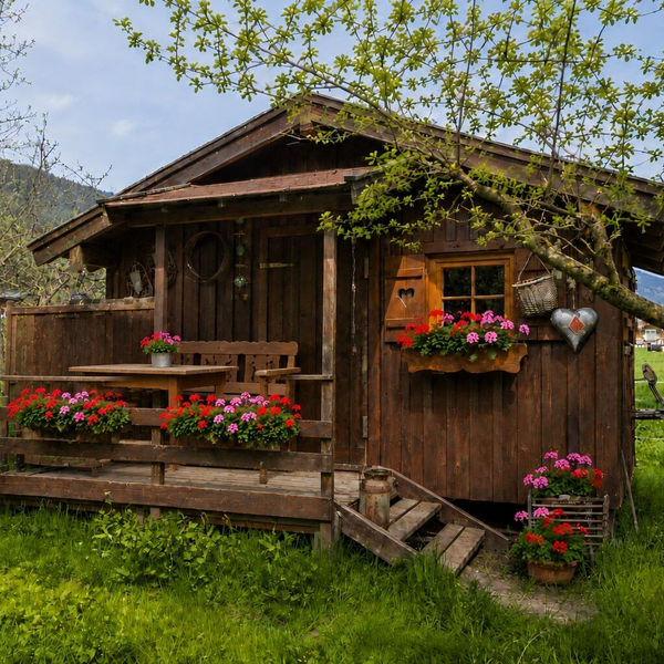 Wooden garden hut with a small terrace, featuring a wooden table, benches, and flower boxes, set in a green lawn.