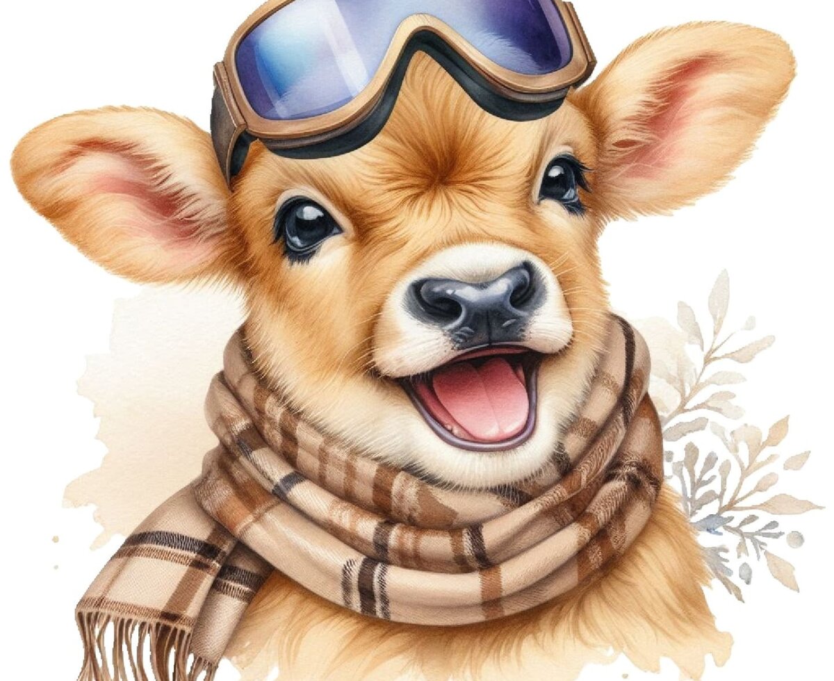 Flecki wearing ski goggles and a cozy scarf, reflecting the winter fun at the farmhouse.