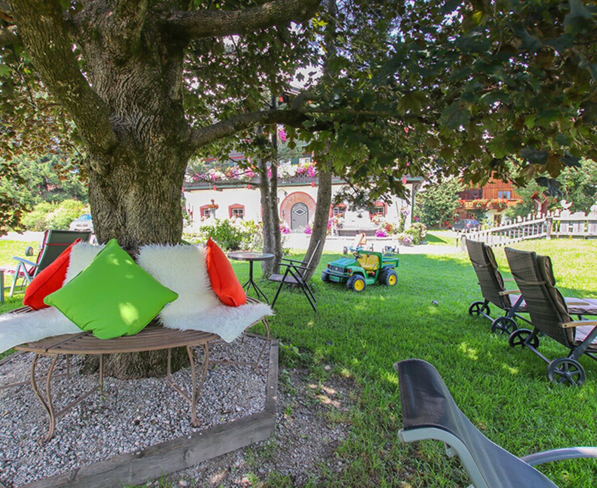 The Farm House garden offers a shaded seating area under a large tree, sun loungers, and a toy tractor for children.