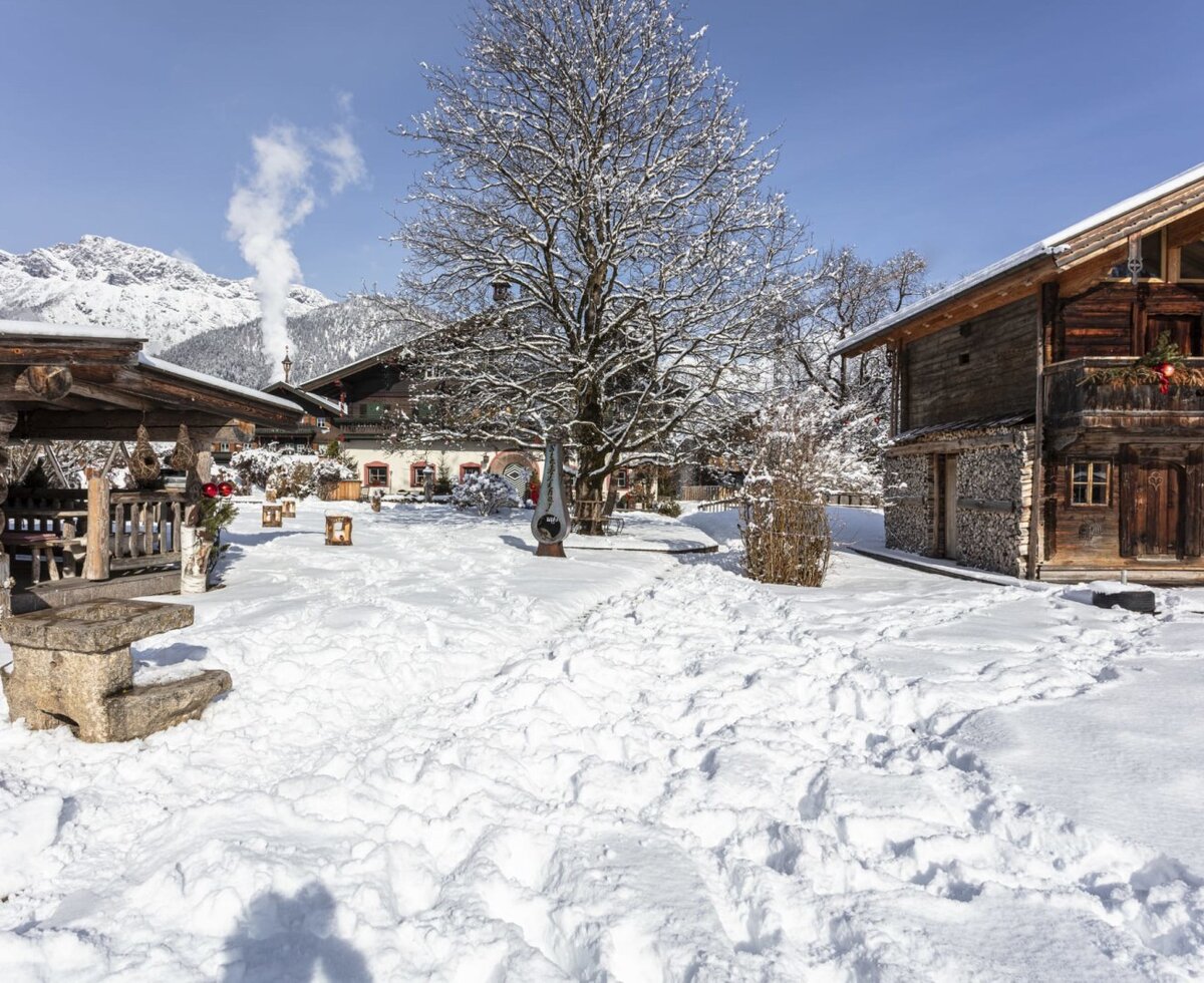 The snowy exterior of the farmhouse featuring traditional buildings, a large tree, and mountains in the background.