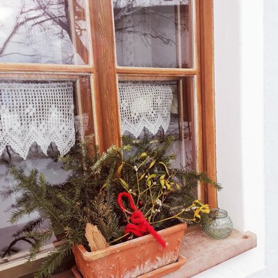 A window of the Farm House with wooden frames, white lace curtains, and a window box displaying evergreens and mistletoe.