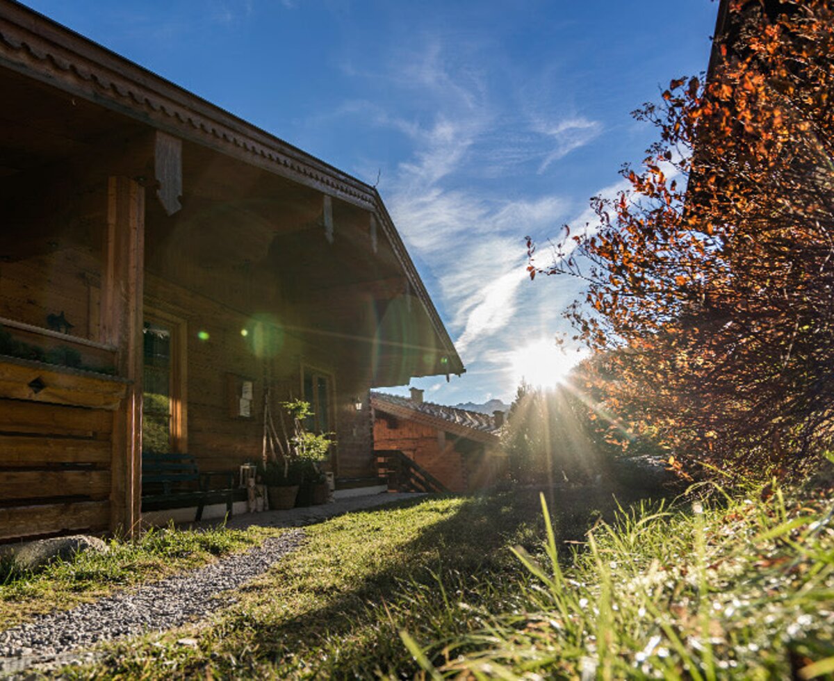 The wooden exterior of the farmhouse, with a gravel path leading to the entrance, surrounded by green grass and sunlit autumn foliage.