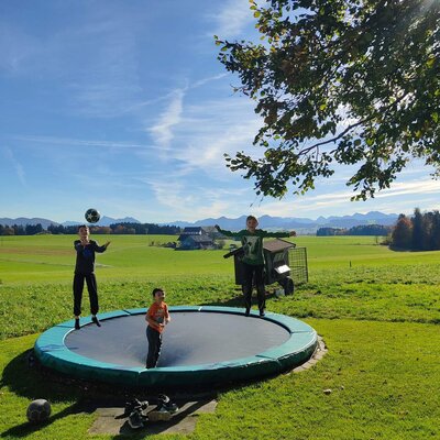Children playing on the trampoline in the farmhouse meadow.