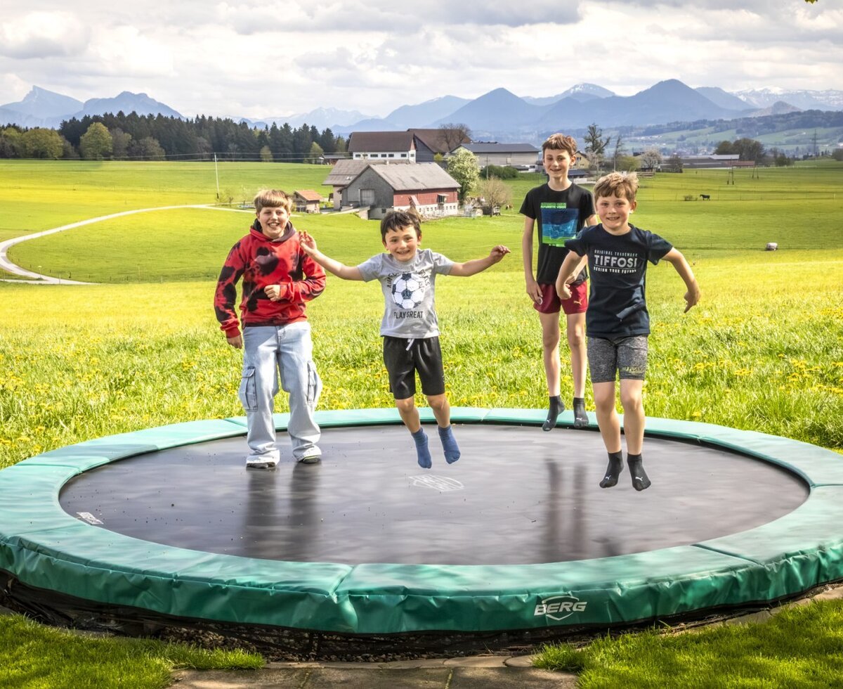 A trampoline for children at the Bauernhof with mountain views.