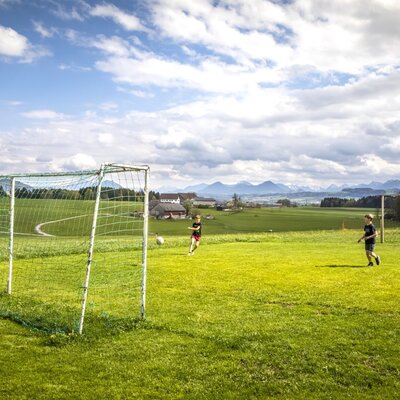 The soccer field at the farmhouse with two goals and children playing, set against a mountain backdrop.