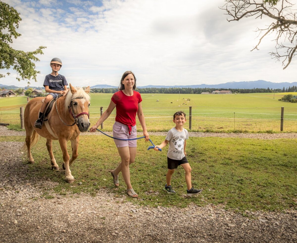 An exciting pony ride for children on the welcoming farm, set against a scenic mountain backdrop.