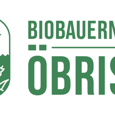 Logo of Biobauernhof Öbrist, depicting mountains, a cow, and a heart-shaped sun.