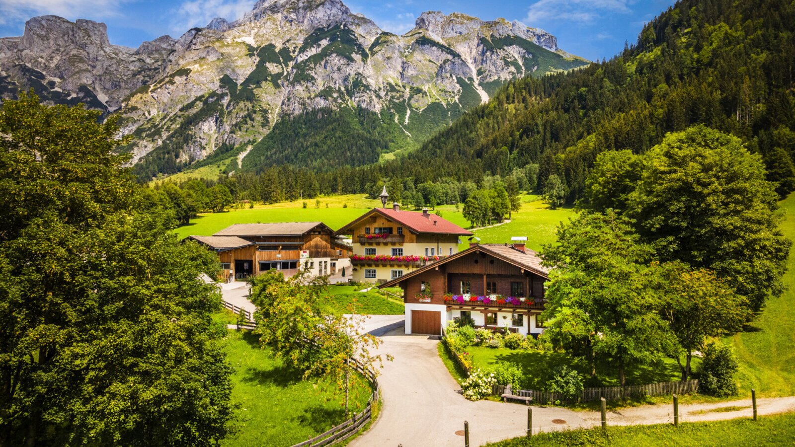 The Farm House, featuring multiple buildings in a green valley, backed by mountains and forests.