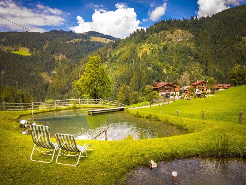 A pond with a wooden jetty and two lounge chairs on the grass, with the Farm House buildings and forested mountains in the background.