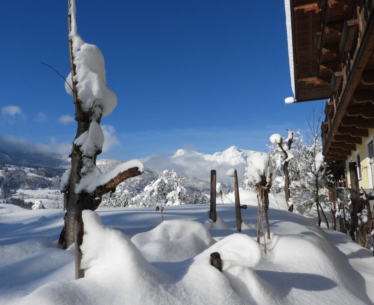 The Farm House exterior in winter, featuring deep snow and mountain views.