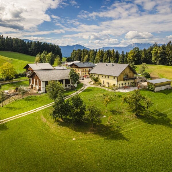 The inviting farmhouse surrounded by vast, green meadows and a picturesque mountain landscape.