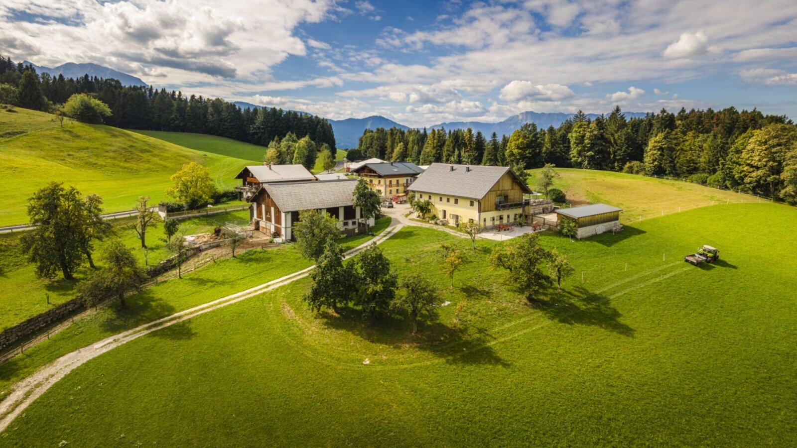 The inviting farmhouse surrounded by vast, green meadows and a picturesque mountain landscape.