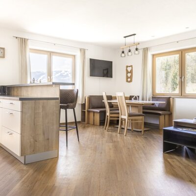 The open-plan living area in the apartment features a fully equipped kitchen, a dining area, and a comfortable seating area with mountain views.