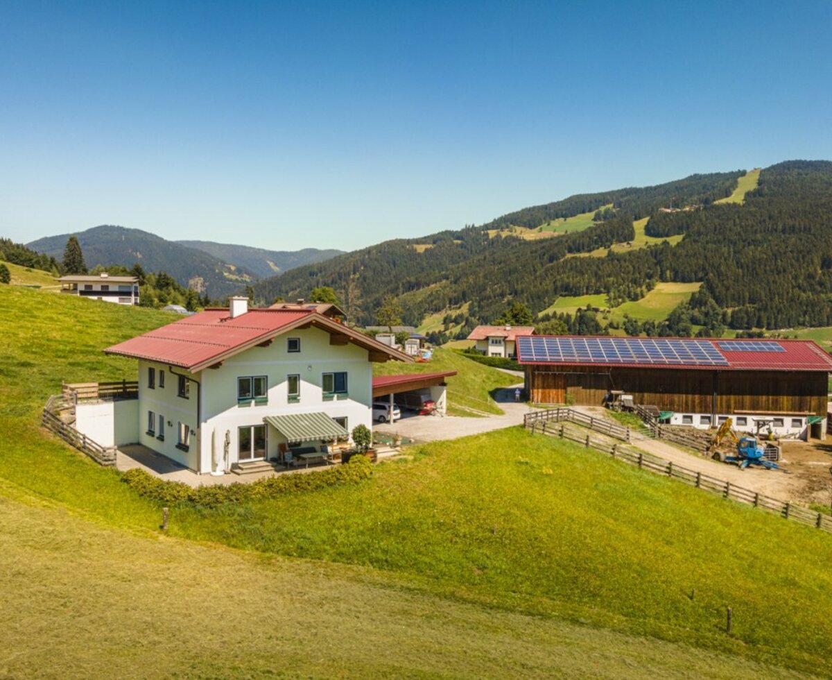 The idyllically situated farmhouse on a sunny hillside, surrounded by green meadows and mountains.