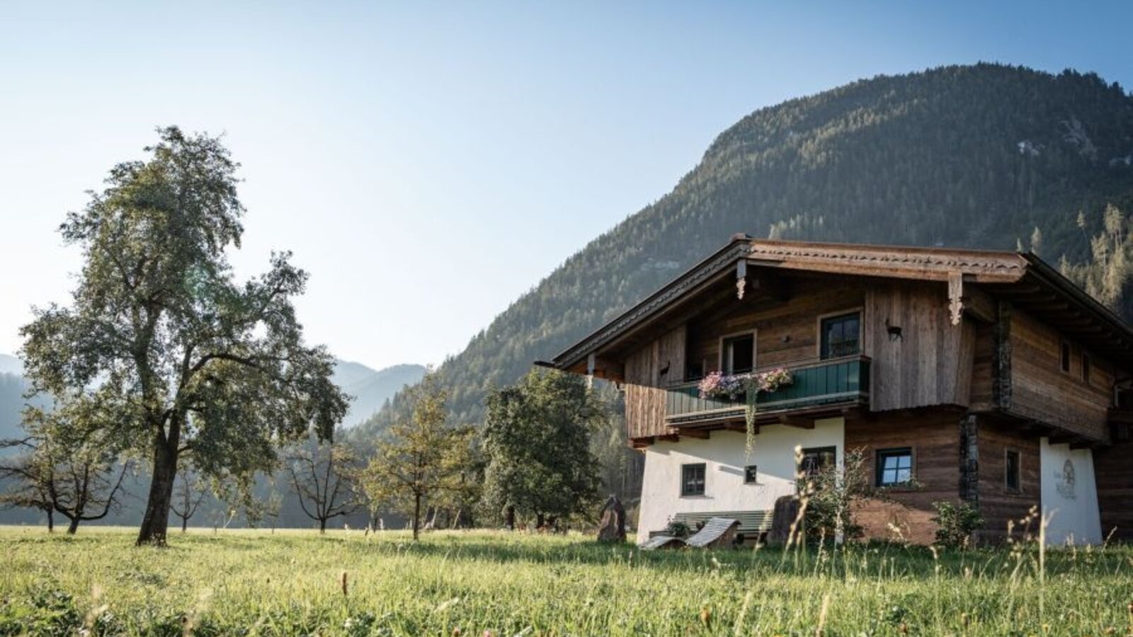Exterior view of the Bed and Breakfast with a traditional wooden facade, surrounded by a meadow and mountains.