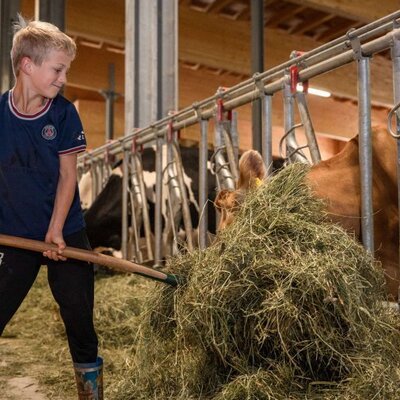 A boy raking hay in the barn, part of the farm experience at the Bed and Breakfast.