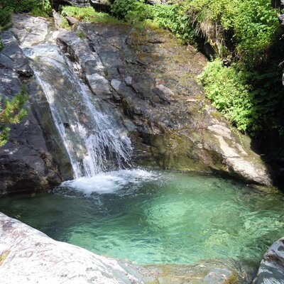 A natural rock pool with clear turquoise water, fed by a small waterfall and surrounded by lush vegetation, is an outdoor feature at the Farm House.