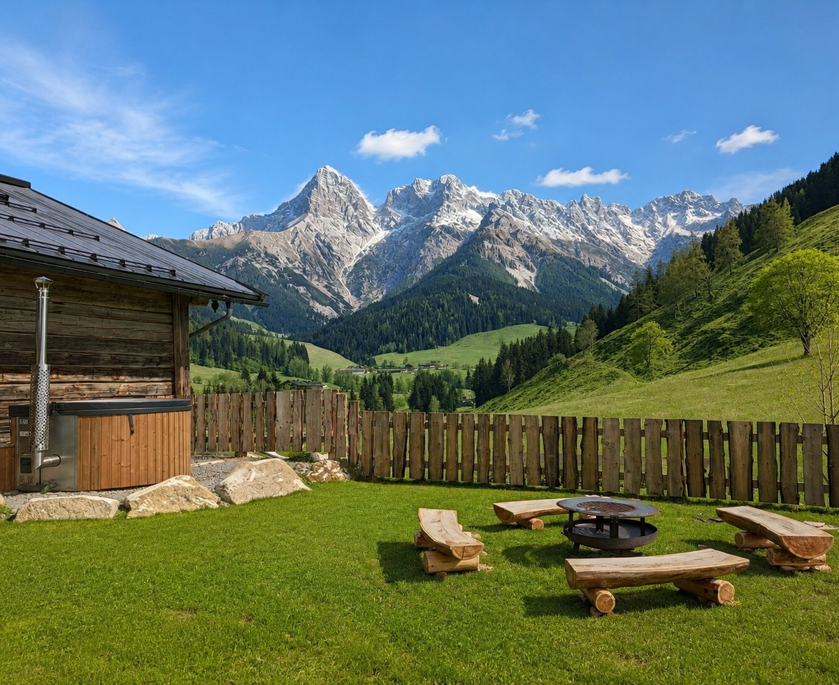 The Alm's outdoor area features a hot tub, a fire pit with wooden benches, and expansive mountain views.