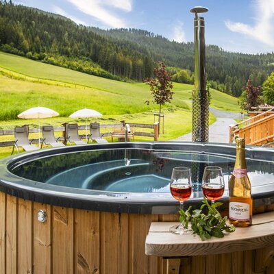The Alm's inviting wood-fired hot tub with scenic views of the surrounding green meadows and forests.