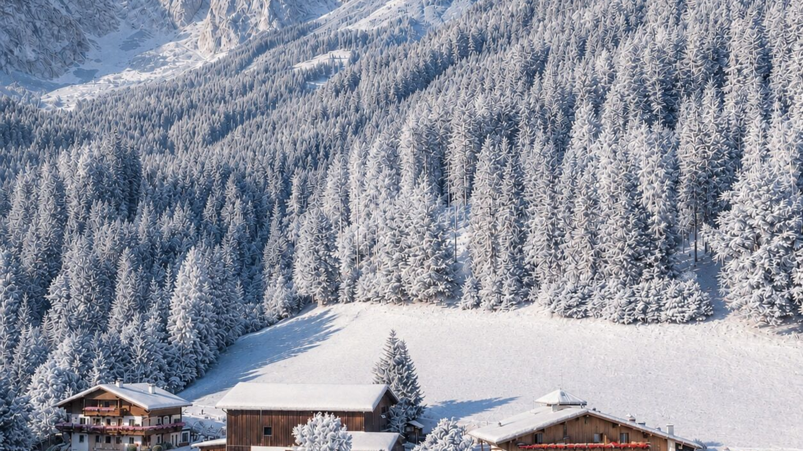 The farmhouse in a snowy mountain landscape with forest, multiple buildings, and solar panels.