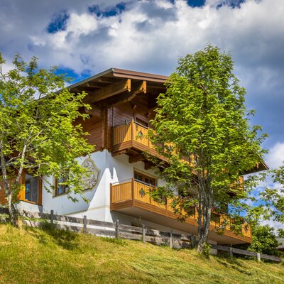 The multi-story Farm House exterior features traditional wooden balconies and an alpine architectural style, set on a green hillside.