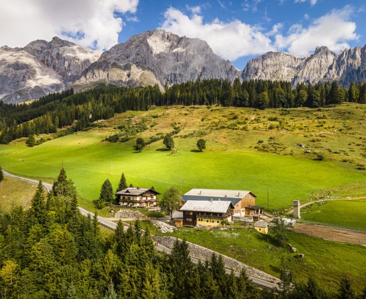 The idyllic farmhouse set amidst lush green meadows against the impressive backdrop of the Hochkönig mountains.