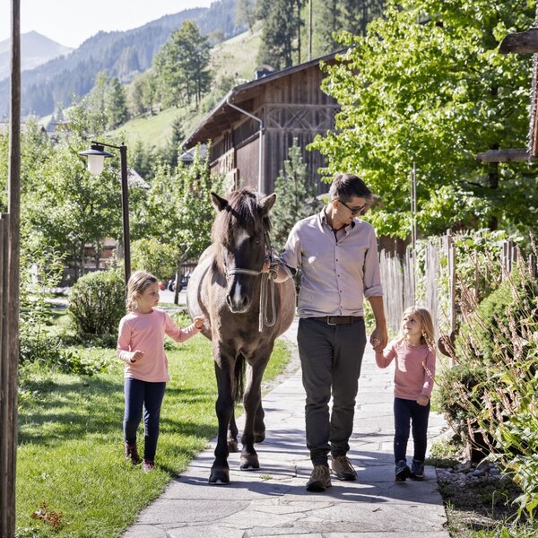 Guests at the Farm House can enjoy activities like walking a horse with children.