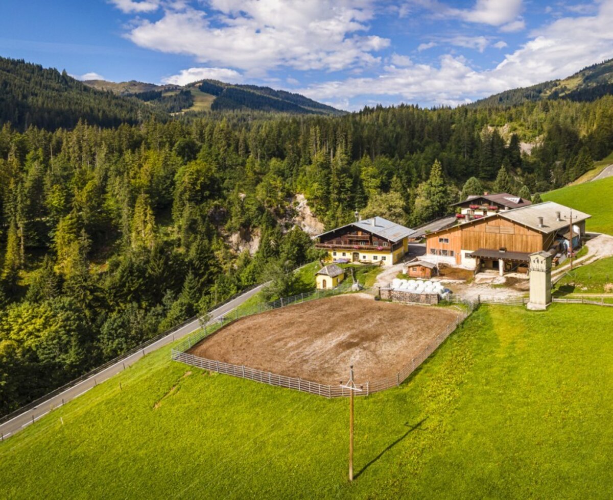 Scenic aerial view of the Elmaugut farmhouse, surrounded by lush green meadows and dense forests with mountains in the background.