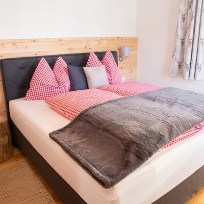 Double bedroom in the farm house featuring a wooden headboard, red and white checkered bedding, and a tree stump bedside table.