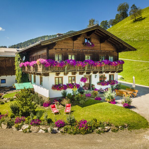 The farmhouse exterior features traditional wooden balconies and window boxes overflowing with purple flowers, a front garden with red deck chairs, and an outdoor dining set.