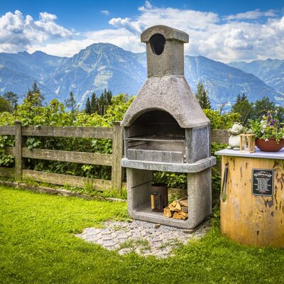 The Alpine Hut features an outdoor barbecue grill with firewood storage, set on the lawn with mountain views.