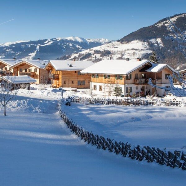 The group of farm houses covered in snow during winter, with mountains visible in the High Tauern National Park.