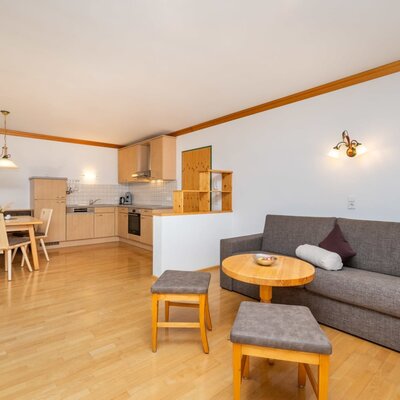 The open-plan living area of the apartment with a fully equipped kitchen, dining area, and sofa.