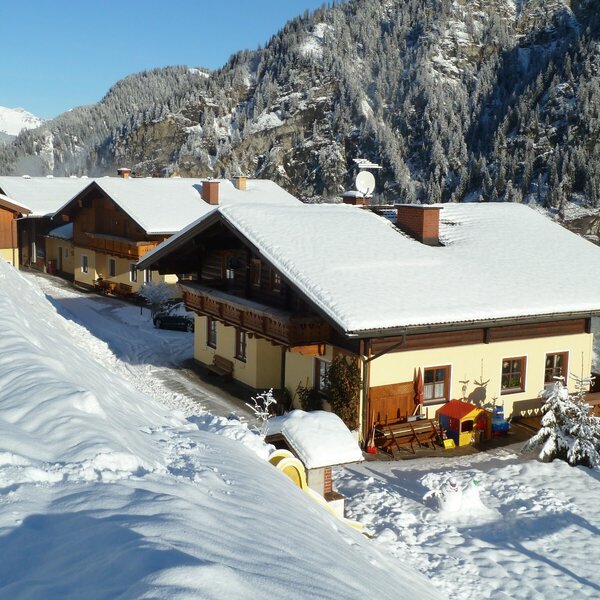 The snow-covered Farm House, comprising multiple buildings, is situated in a mountain valley with forested slopes and includes outdoor play equipment.