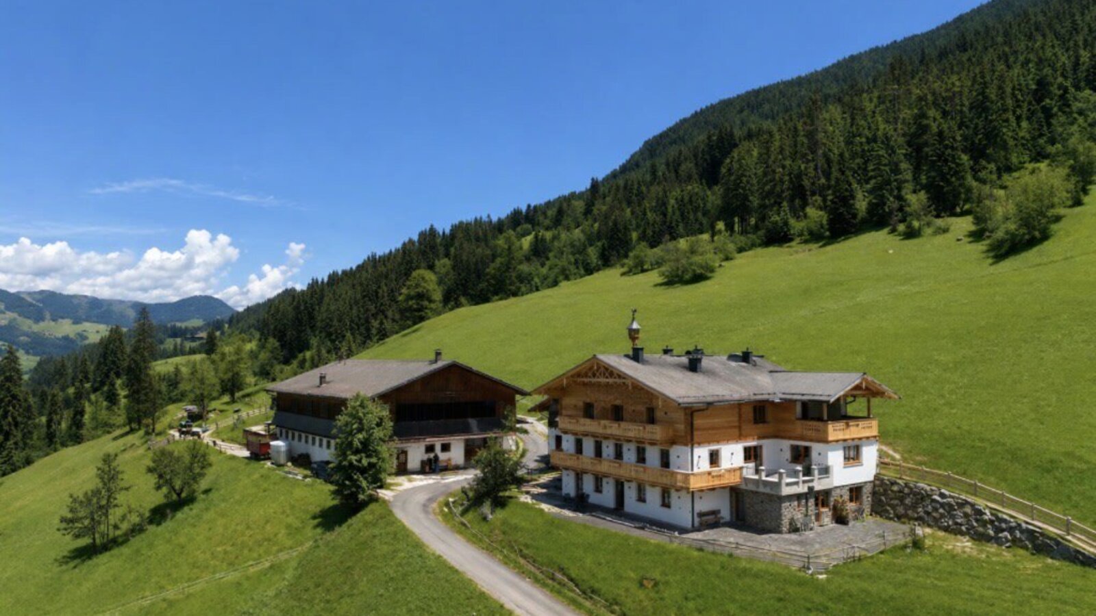 Exterior view of the farmhouse with its apartments, surrounded by green meadows and forested mountains.