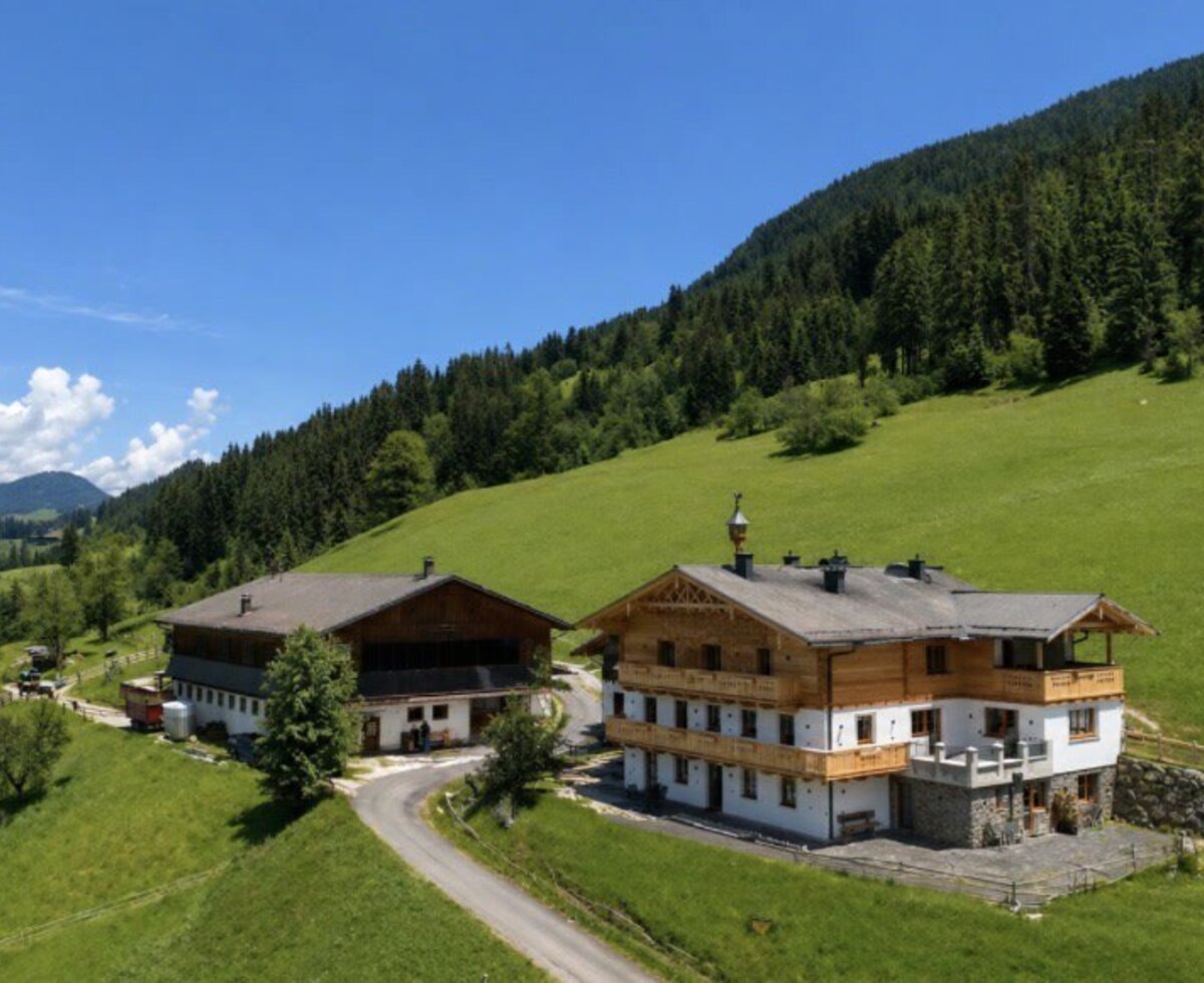 Exterior view of the farmhouse with its apartments, surrounded by green meadows and forested mountains.