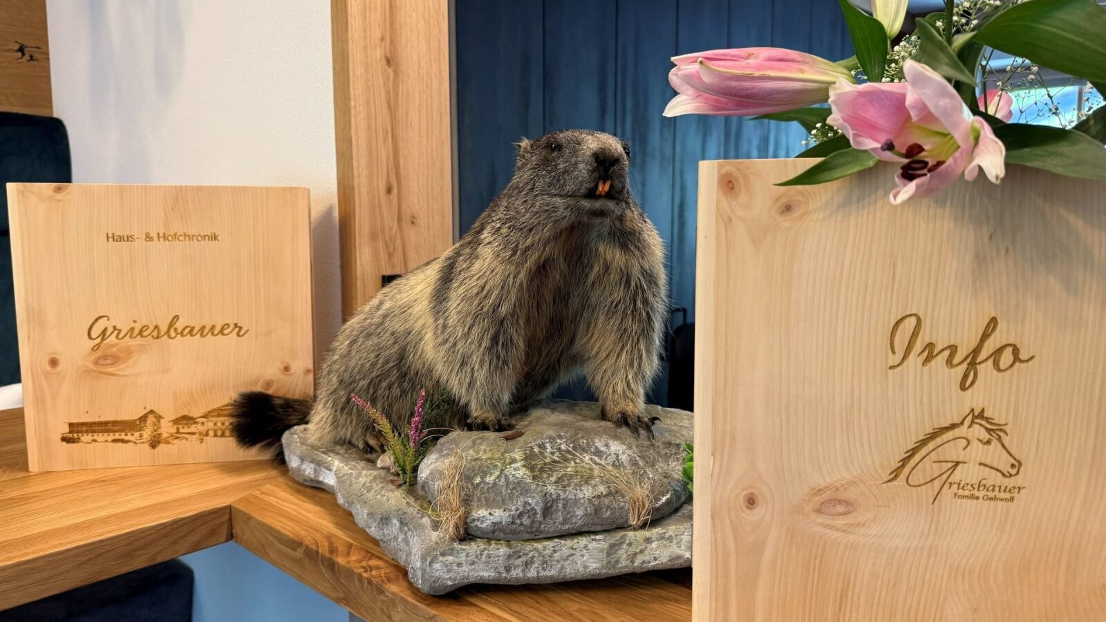 Decoration at the farmhouse featuring a marmot, information binders, and flowers.