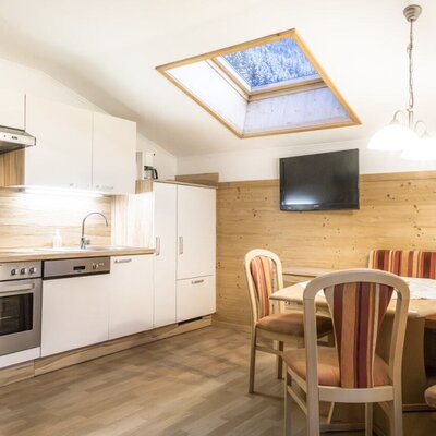 Kitchen with a microwave, oven, dishwasher, refrigerator, and a dining area featuring a flat-screen TV and a skylight.