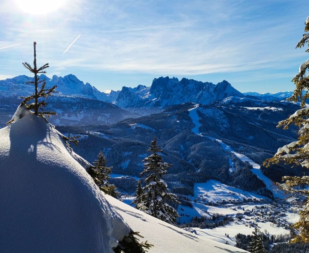 View of the Dachstein West ski area and our village Russbach.