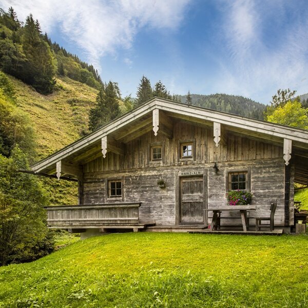 The rustic mountain hut  built in traditional wood style, surrounded by a lush green mountain meadow.