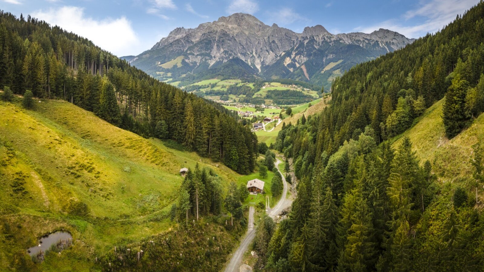 Scenic view overlooking the lush green valley and majestic mountain peaks.