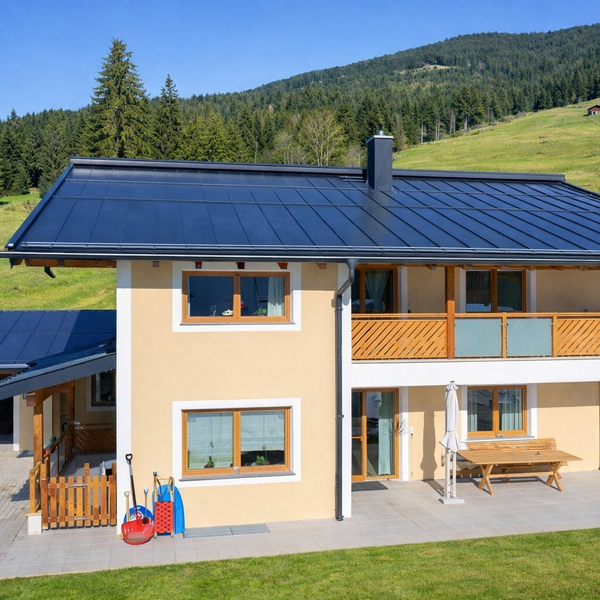 Exterior view of the Harlandhof featuring a balcony, terrace, and an attached carport against a forested mountain landscape.
