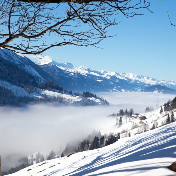The Farm House offers views of snow-covered mountains and a valley covered in fog.