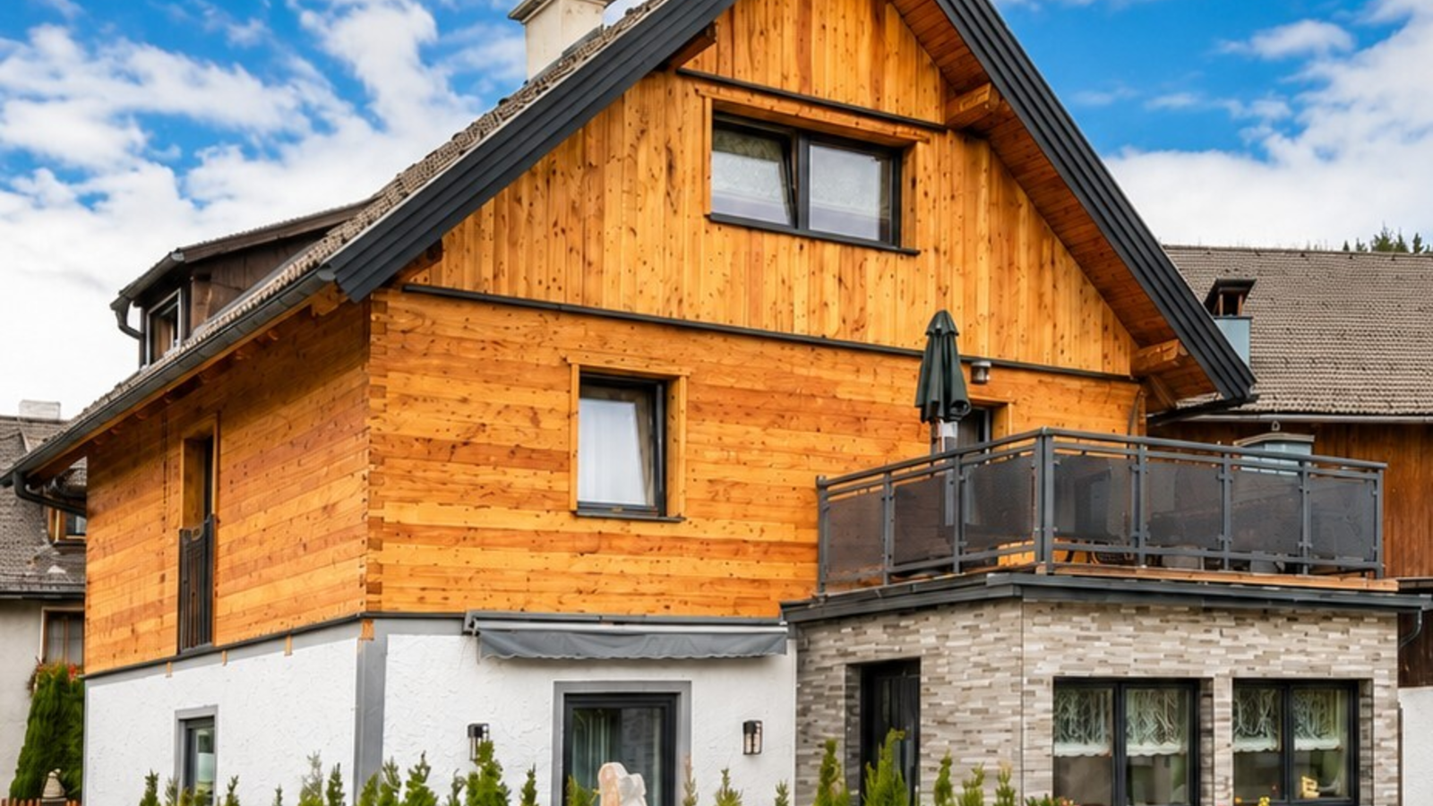 The charming exterior of the farmhouse, featuring a rustic wooden facade, a balcony, and neat green hedges.