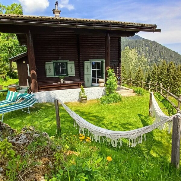 The farmhouse exterior, featuring a terrace with sun loungers and a hammock, overlooks a grassy hillside with mountain and forest views.