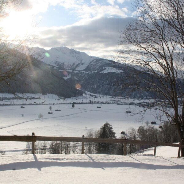 View from the Farm House overlooking a snow-covered valley and mountains, framed by bare winter trees and a wooden fence.