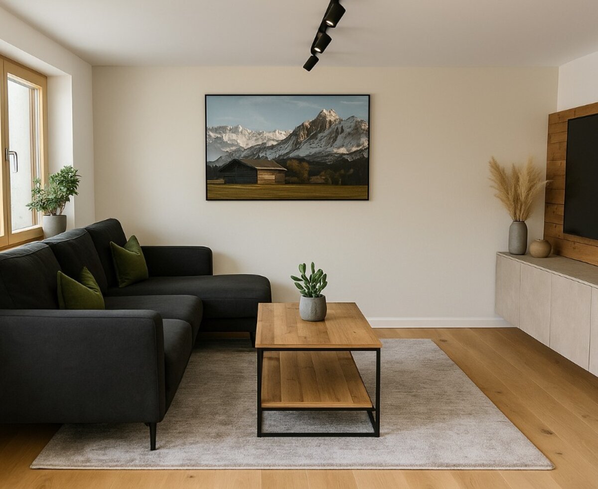 The living room of the Bed and Breakfast features a dark L-shaped sofa, a wooden coffee table, and a television.