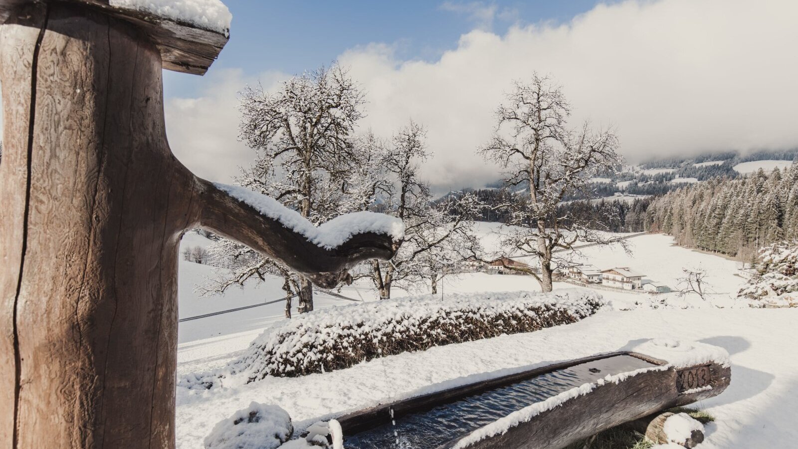 Wooden water trough with flowing water in the snowy winter landscape of the Bed and Breakfast.