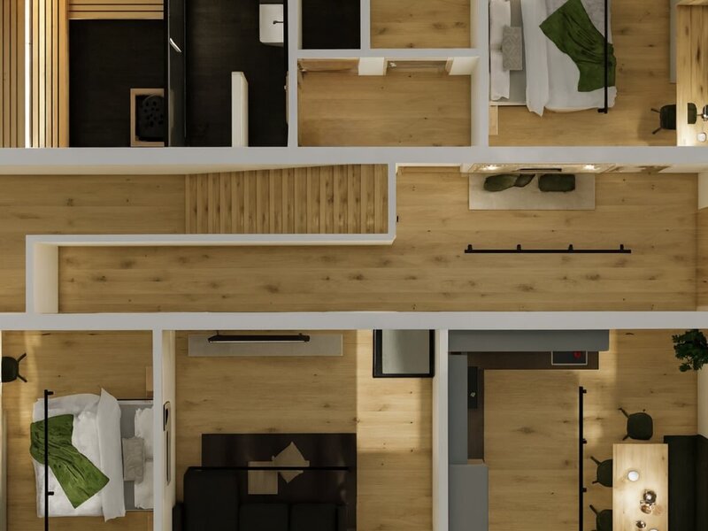 Floor plan of the Bed and Breakfast, featuring bedrooms, bathrooms, a living area, and a kitchen.
